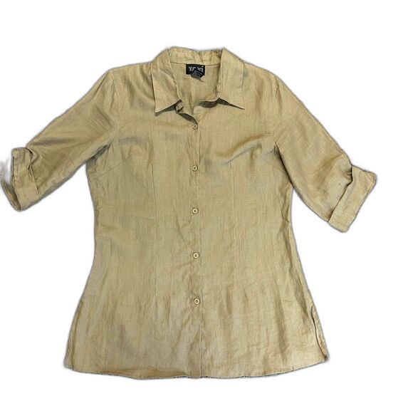 Vintage 90s Taxi Deep Tan Linen Roll Tab Sleeve Shaped Button Up Shirt Size L - Picture 2 of 13